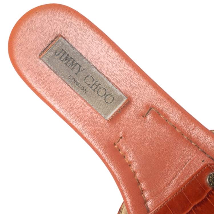 Pre Owned Jimmy Choo Dark Orange Croc Embossed Leather Nanda Flat Slides Size 38.5