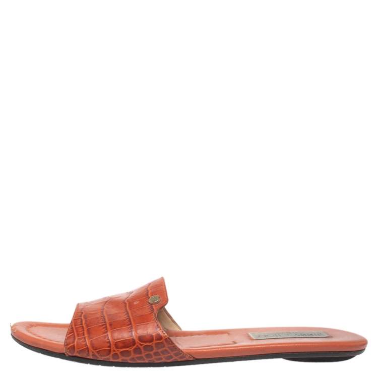Pre Owned Jimmy Choo Dark Orange Croc Embossed Leather Nanda Flat Slides Size 38.5