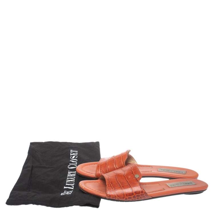 Pre Owned Jimmy Choo Dark Orange Croc Embossed Leather Nanda Flat Slides Size 38.5