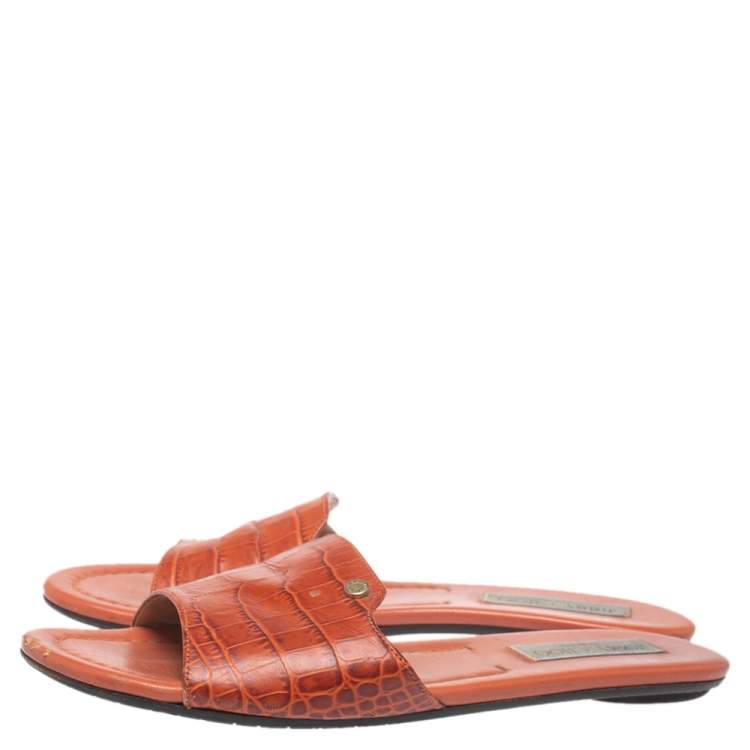 Pre Owned Jimmy Choo Dark Orange Croc Embossed Leather Nanda Flat Slides Size 38.5