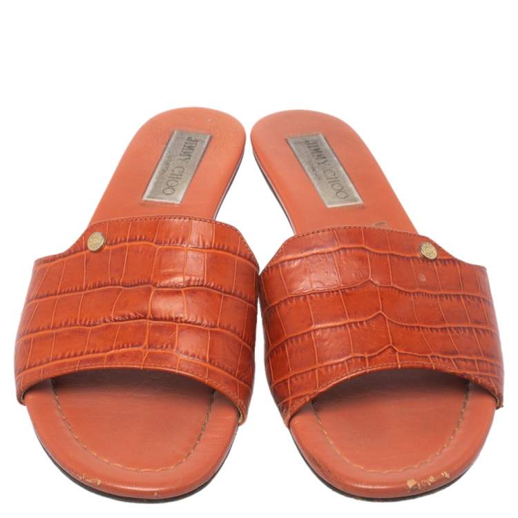 Pre Owned Jimmy Choo Dark Orange Croc Embossed Leather Nanda Flat Slides Size 38.5