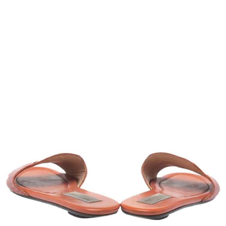Pre Owned Jimmy Choo Dark Orange Croc Embossed Leather Nanda Flat Slides Size 38.5