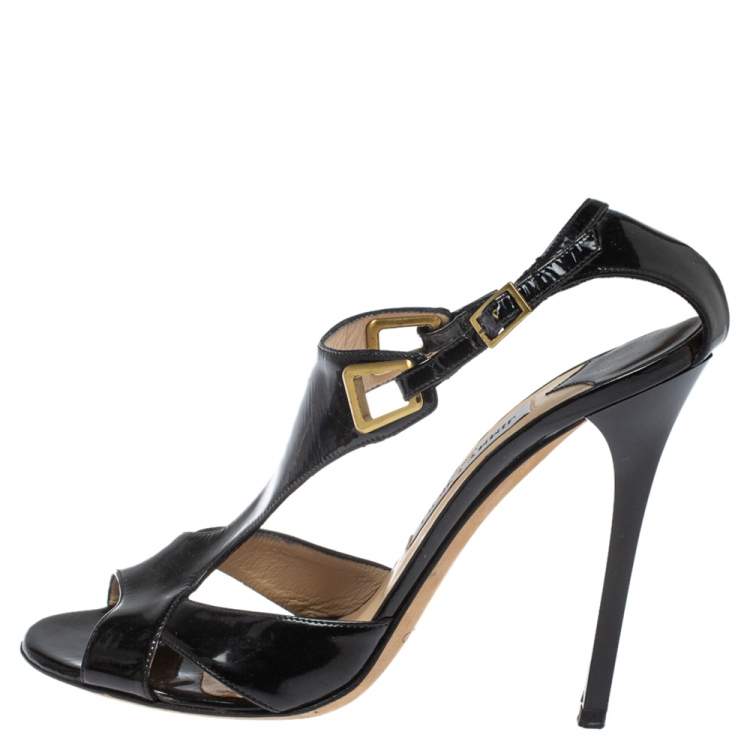 Jimmy Choo Black Patent Leather Chiara Crisscross Ankle Strap Wedge Sandals  Size 39.5 Jimmy Choo