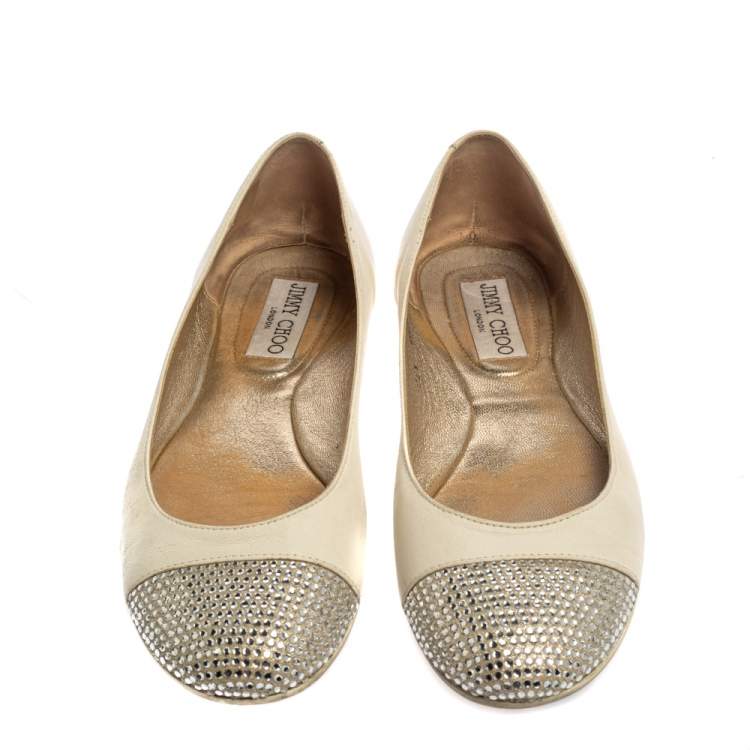 Pre Owned Jimmy Choo White Leather Waine Crystal Embellished Cap Toe Ballet Flats Size 36.5