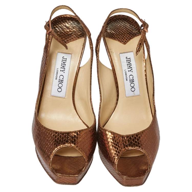 Pre Owned Jimmy Choo Metallic Bronze Snake Embossed Leather Elazer Sandals Size 37