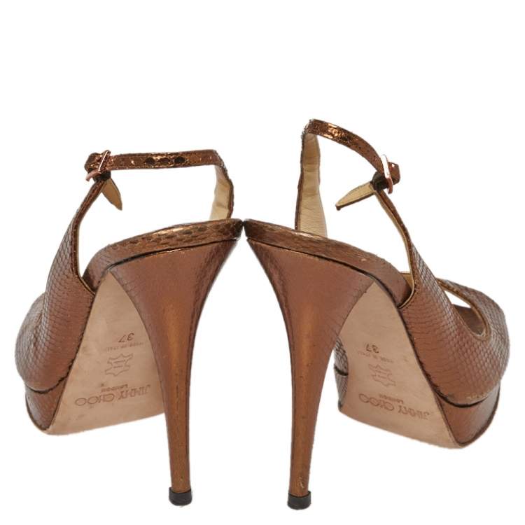 Pre Owned Jimmy Choo Metallic Bronze Snake Embossed Leather Elazer Sandals Size 37