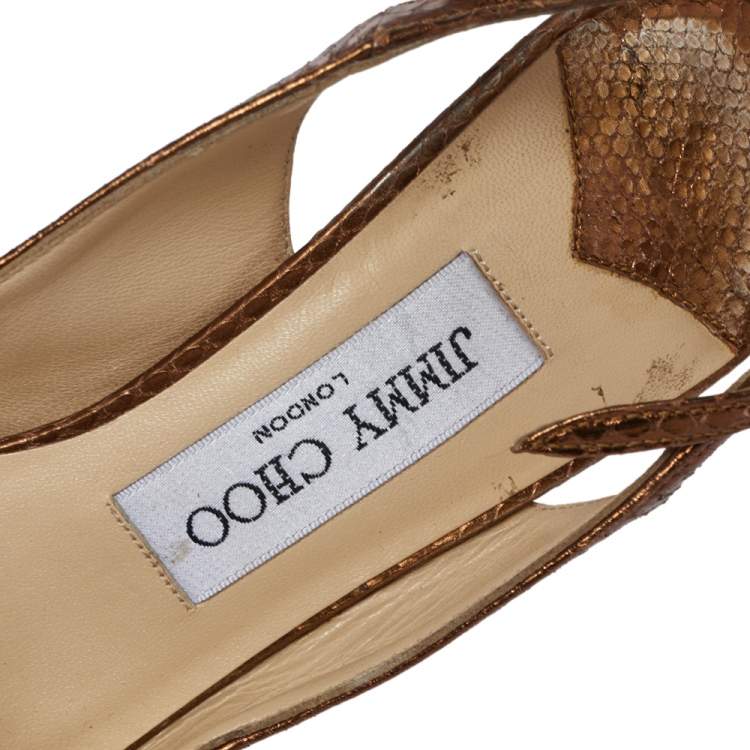 Pre Owned Jimmy Choo Metallic Bronze Snake Embossed Leather Elazer Sandals Size 37