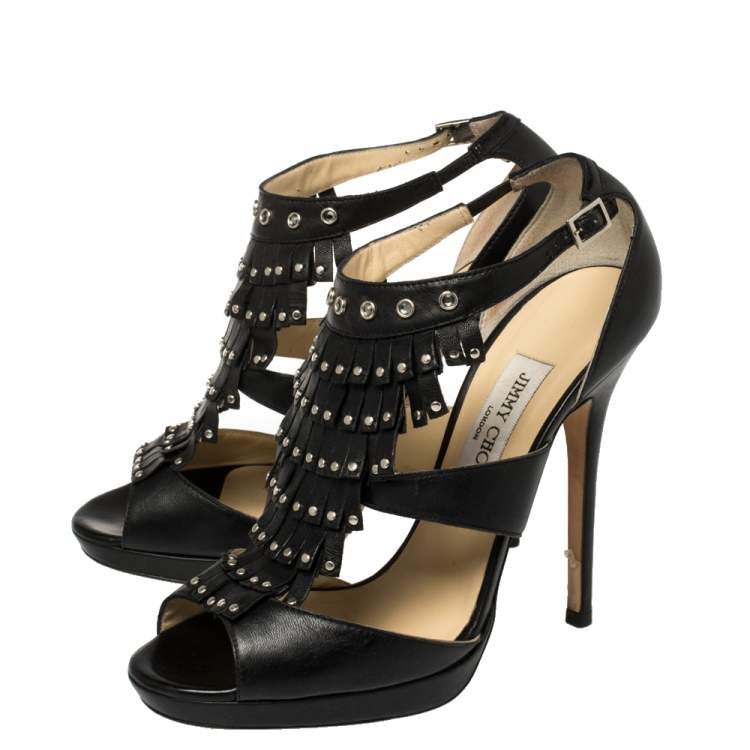 Pre Owned Jimmy Choo Black Leather Studded Fringe Platform Sandals Size 39