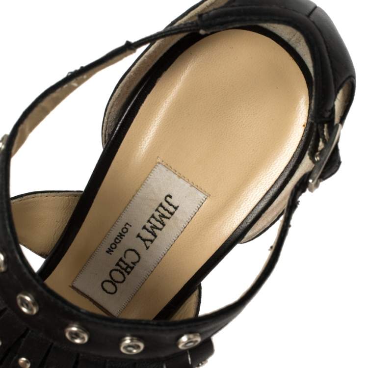 Pre Owned Jimmy Choo Black Leather Studded Fringe Platform Sandals Size 39