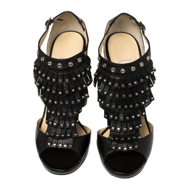 Pre Owned Jimmy Choo Black Leather Studded Fringe Platform Sandals Size 39