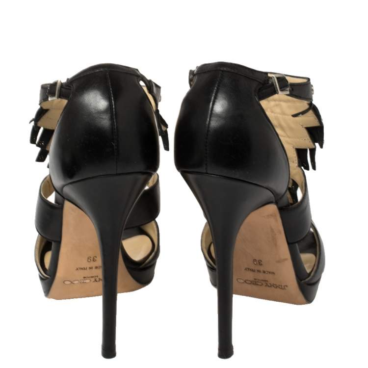 Pre Owned Jimmy Choo Black Leather Studded Fringe Platform Sandals Size 39