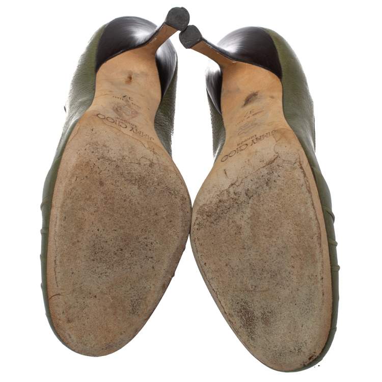 Pre Owned Jimmy Choo Olive Green Leather Bow Round Toe Pumps Size 37