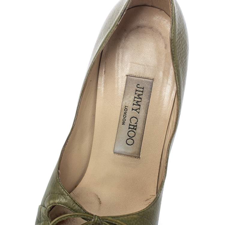 Pre Owned Jimmy Choo Olive Green Leather Bow Round Toe Pumps Size 37