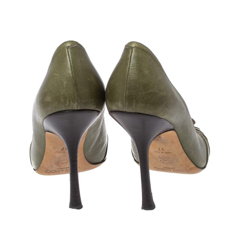 Pre Owned Jimmy Choo Olive Green Leather Bow Round Toe Pumps Size 37
