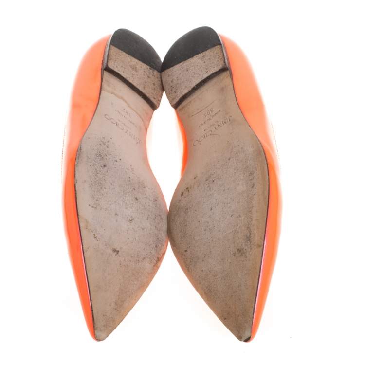 Pre Owned Jimmy Choo Neon Orange Patent Leather Alina Flats Size 38.5