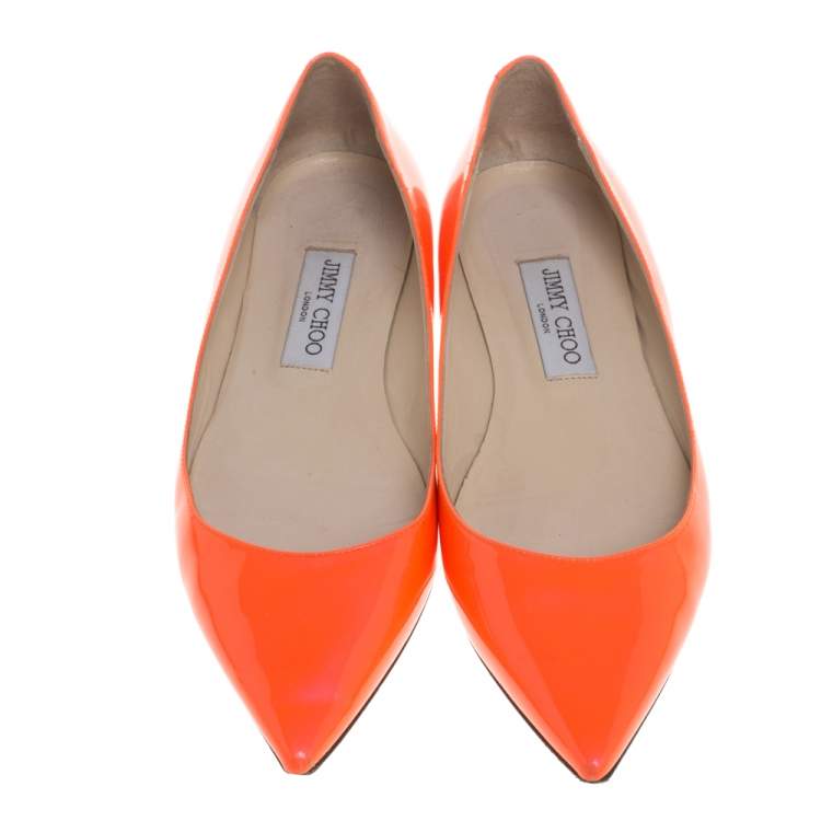 Pre Owned Jimmy Choo Neon Orange Patent Leather Alina Flats Size 38.5
