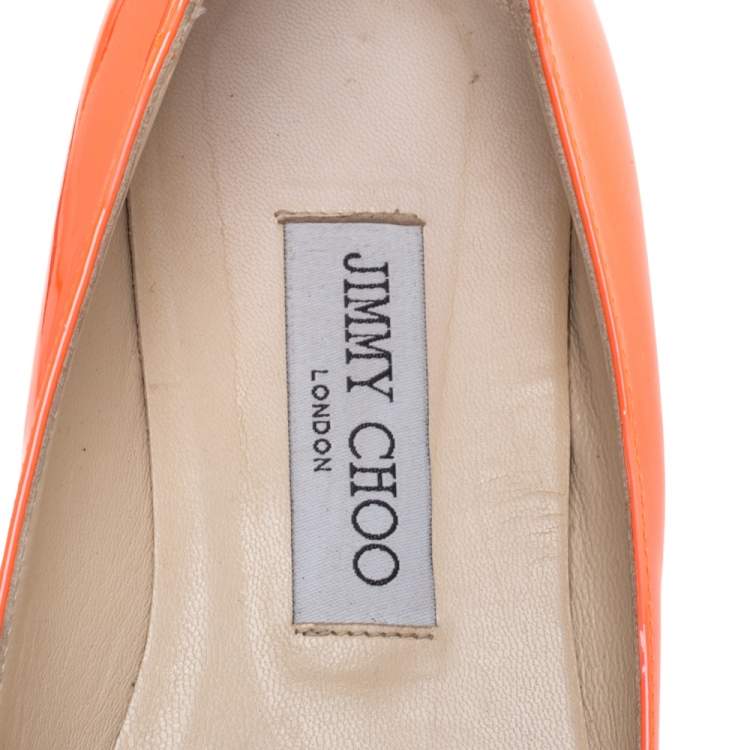 Pre Owned Jimmy Choo Neon Orange Patent Leather Alina Flats Size 38.5