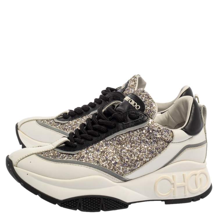 Pre Owned Jimmy Choo White/Sliver Leather And Glitter Raine Low Top Sneakers Size 37.5