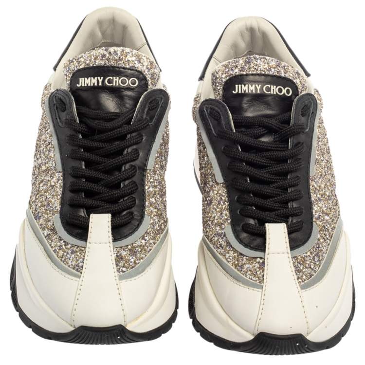 Pre Owned Jimmy Choo White/Sliver Leather And Glitter Raine Low Top Sneakers Size 37.5