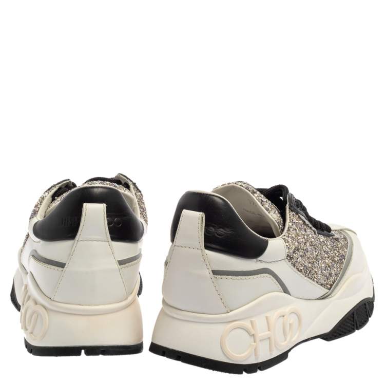 Pre Owned Jimmy Choo White/Sliver Leather And Glitter Raine Low Top Sneakers Size 37.5