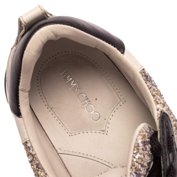 Pre Owned Jimmy Choo White/Sliver Leather And Glitter Raine Low Top Sneakers Size 37.5