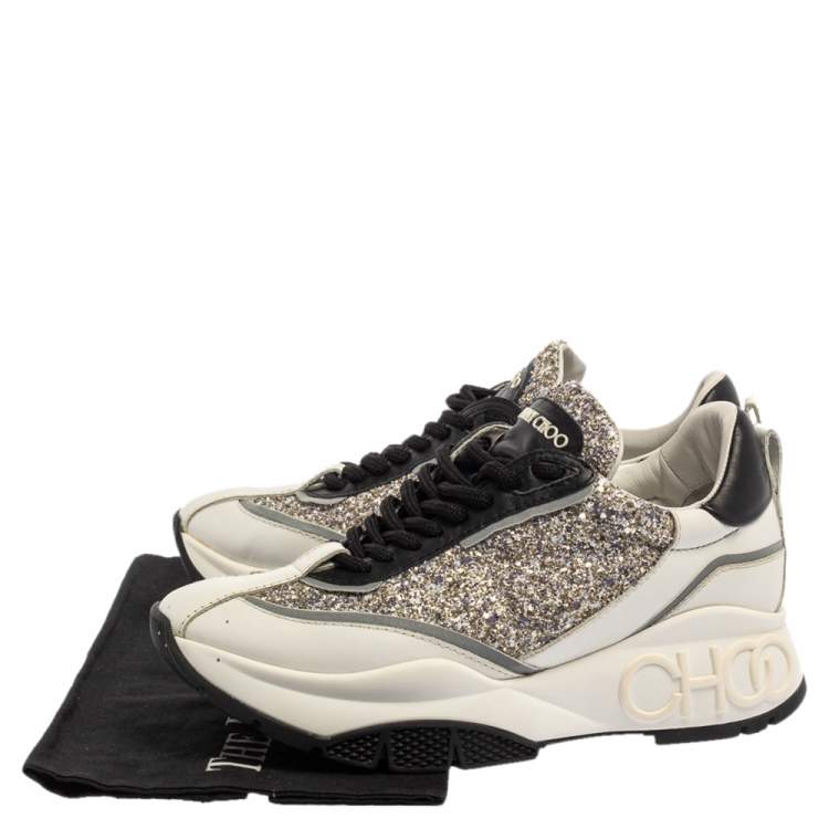 Pre Owned Jimmy Choo White/Sliver Leather And Glitter Raine Low Top Sneakers Size 37.5