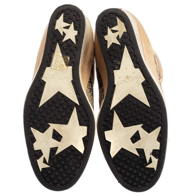 Pre Owned Jimmy Choo Beige/Silver Suede, Nubuck And Python Embossed Leather Panama Wedge Sneakers Size 39.5