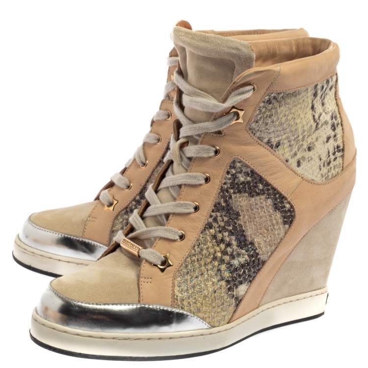 Pre Owned Jimmy Choo Beige/Silver Suede, Nubuck And Python Embossed Leather Panama Wedge Sneakers Size 39.5