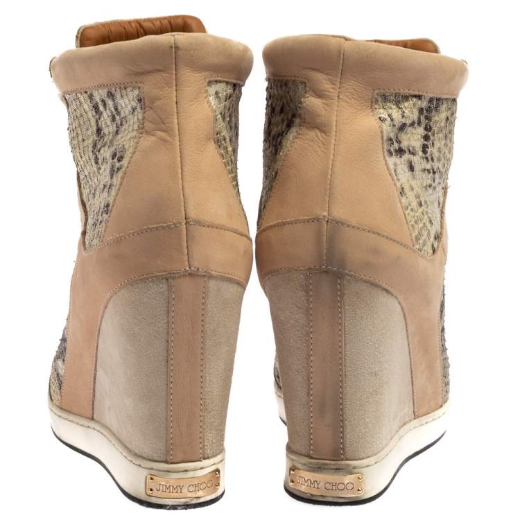 Pre Owned Jimmy Choo Beige/Silver Suede, Nubuck And Python Embossed Leather Panama Wedge Sneakers Size 39.5