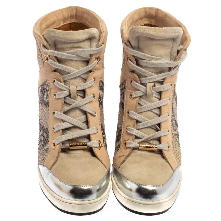 Pre Owned Jimmy Choo Beige/Silver Suede, Nubuck And Python Embossed Leather Panama Wedge Sneakers Size 39.5