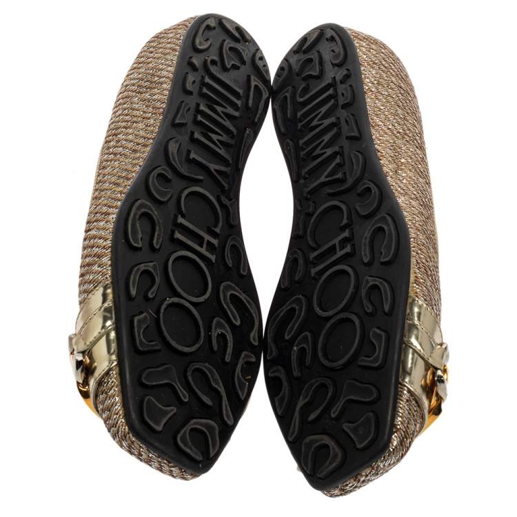 Pre Owned Jimmy Choo Brown/Silver Fabric Morse Buckle Ballet Flats Size 37