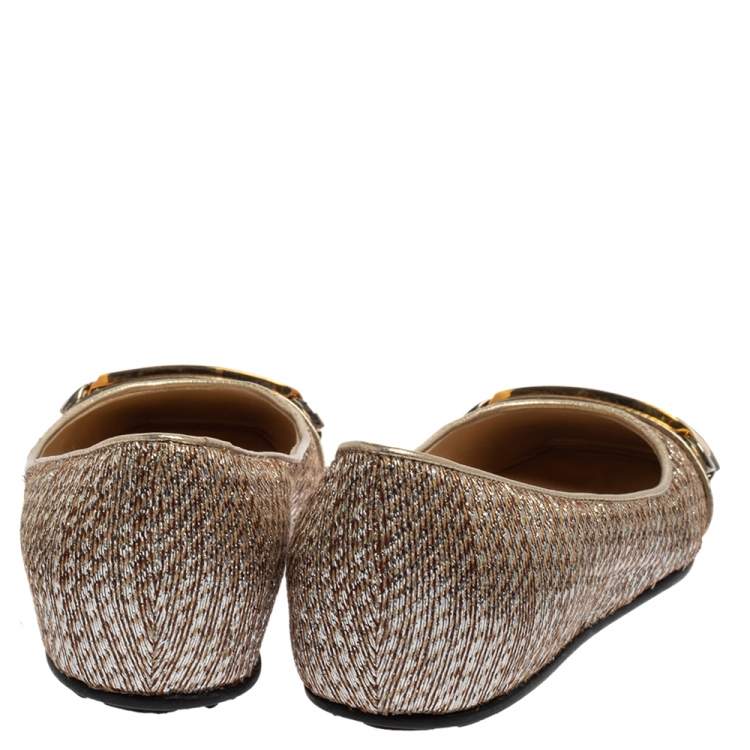 Pre Owned Jimmy Choo Brown/Silver Fabric Morse Buckle Ballet Flats Size 37