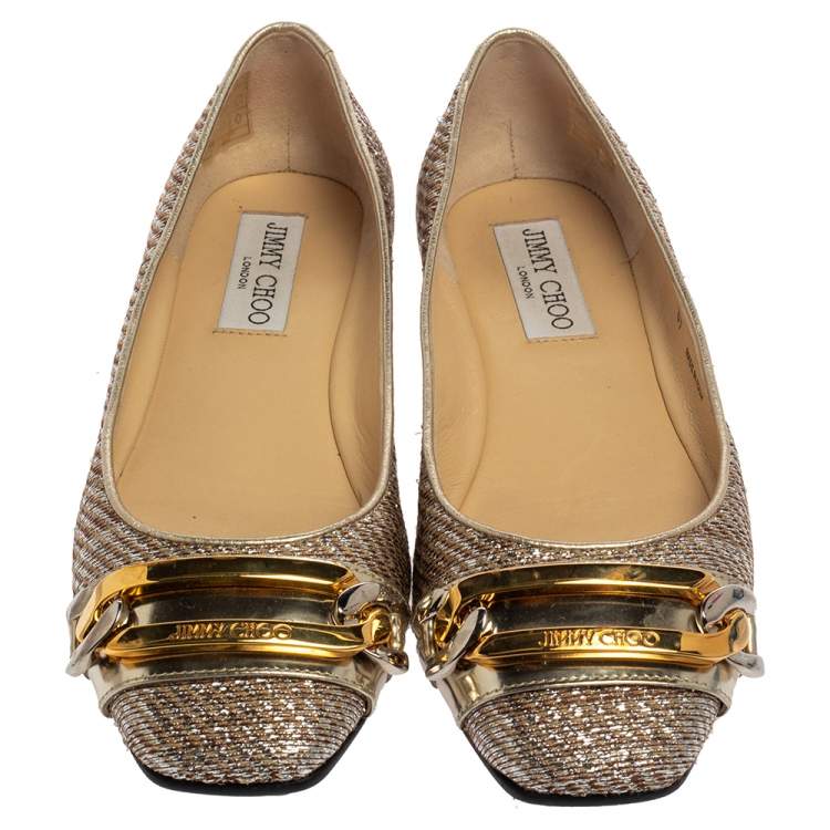 Pre Owned Jimmy Choo Brown/Silver Fabric Morse Buckle Ballet Flats Size 37