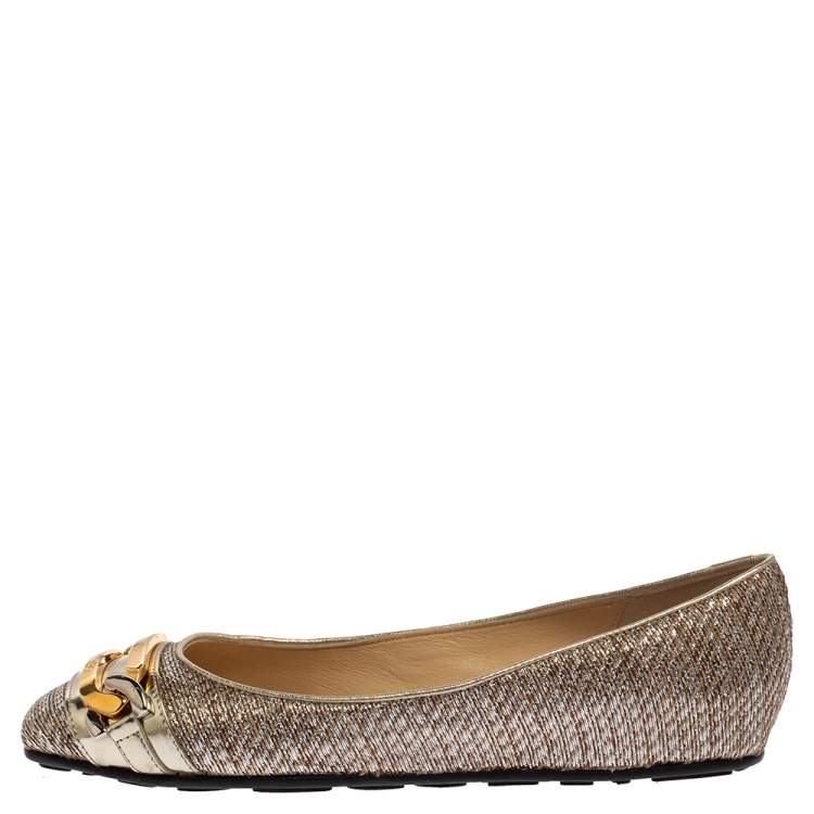 Pre Owned Jimmy Choo Brown/Silver Fabric Morse Buckle Ballet Flats Size 37