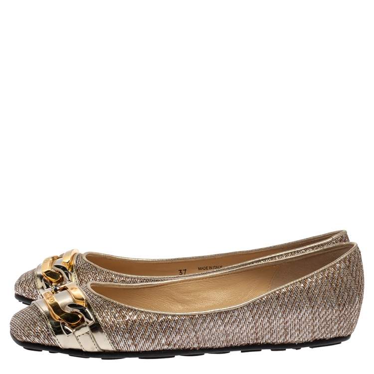Pre Owned Jimmy Choo Brown/Silver Fabric Morse Buckle Ballet Flats Size 37