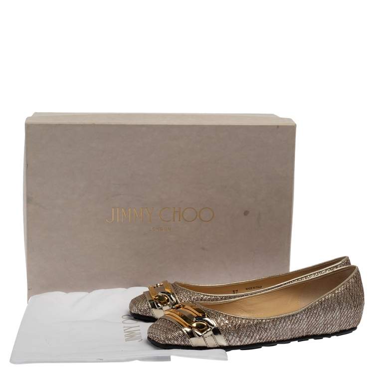 Pre Owned Jimmy Choo Brown/Silver Fabric Morse Buckle Ballet Flats Size 37