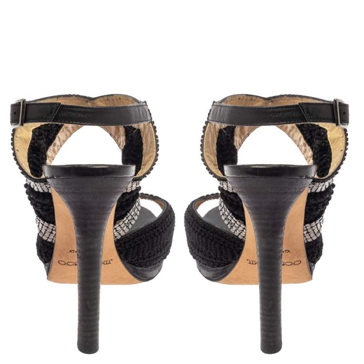 Pre Owned Jimmy Choo Black Crochet Fabric Embellished Slingback Sandals Size 37