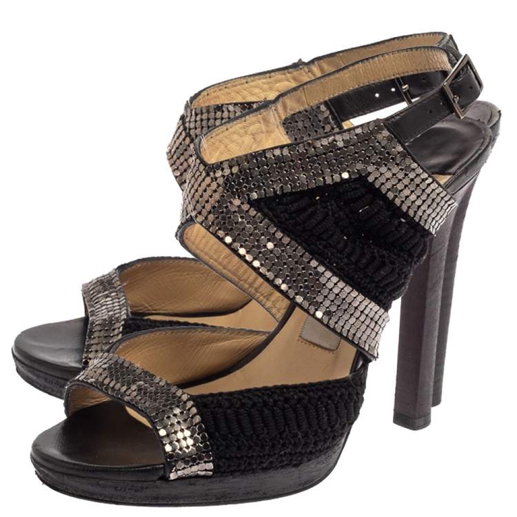 Pre Owned Jimmy Choo Black Crochet Fabric Embellished Slingback Sandals Size 37