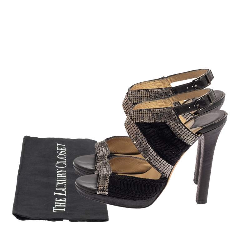 Pre Owned Jimmy Choo Black Crochet Fabric Embellished Slingback Sandals Size 37