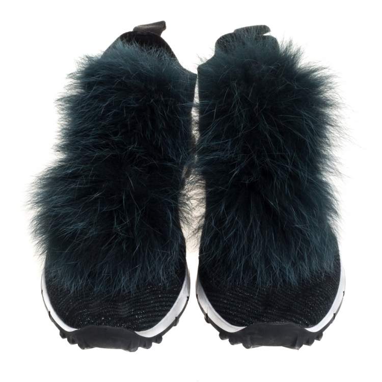 Pre Owned Jimmy Choo Green Knit And Lurex Norway Pom Pom Sneakers Size 38.5