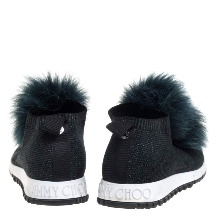 Pre Owned Jimmy Choo Green Knit And Lurex Norway Pom Pom Sneakers Size 38.5