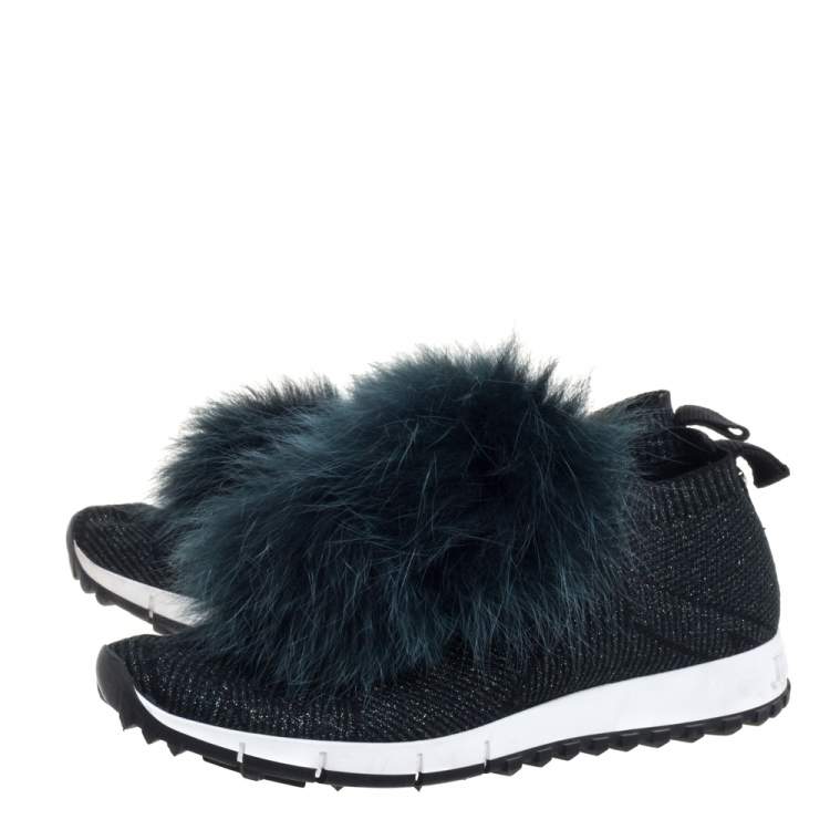 Pre Owned Jimmy Choo Green Knit And Lurex Norway Pom Pom Sneakers Size 38.5