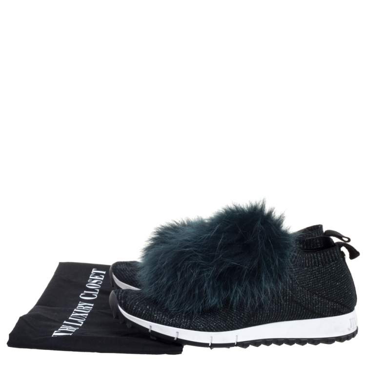 Pre Owned Jimmy Choo Green Knit And Lurex Norway Pom Pom Sneakers Size 38.5