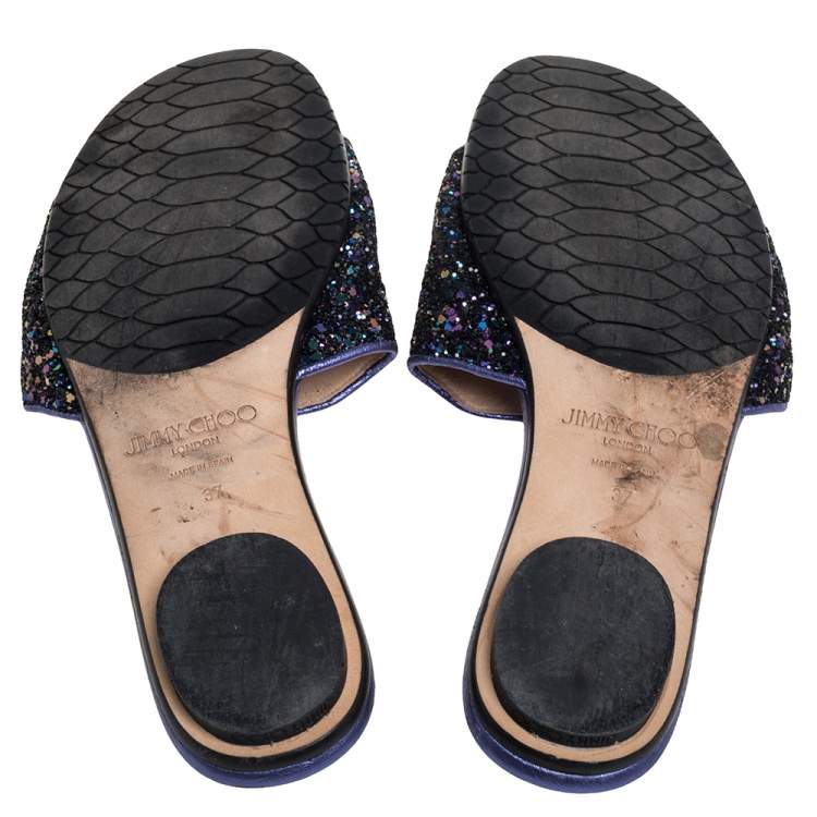 Pre Owned Jimmy Choo Metallic Purple Coarse Glitter Nanda Flat Slides Size 37