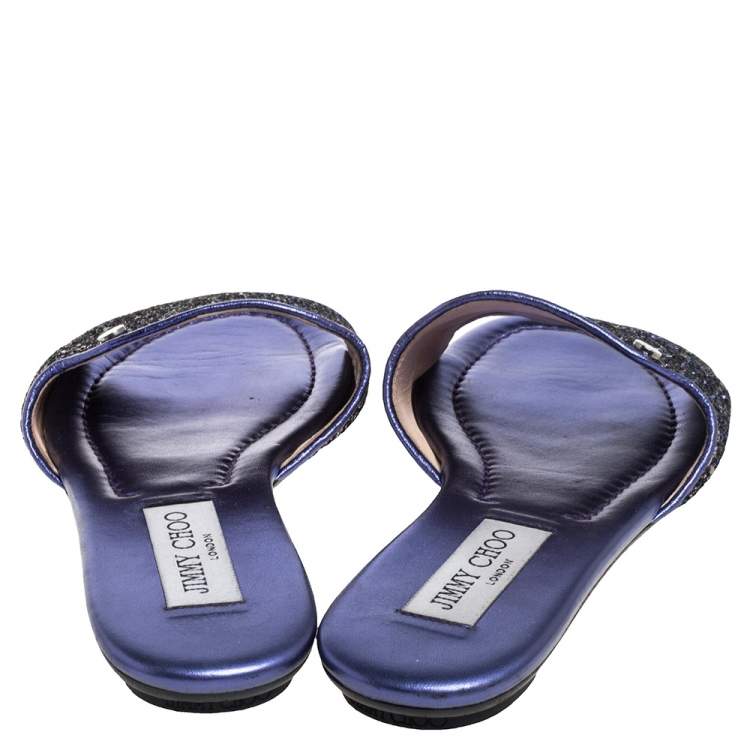 Pre Owned Jimmy Choo Metallic Purple Coarse Glitter Nanda Flat Slides Size 37