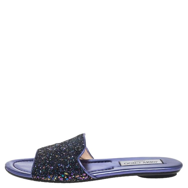 Pre Owned Jimmy Choo Metallic Purple Coarse Glitter Nanda Flat Slides Size 37