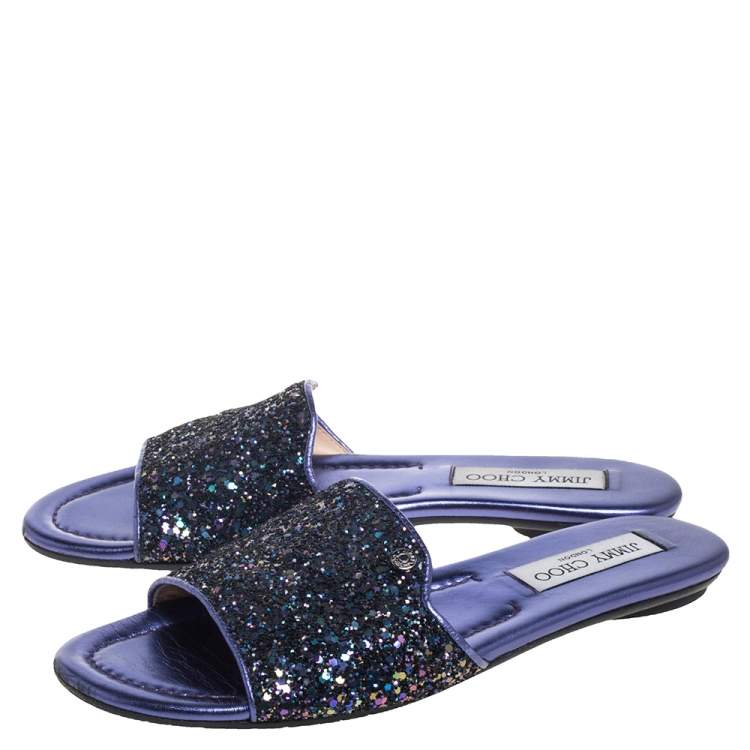 Pre Owned Jimmy Choo Metallic Purple Coarse Glitter Nanda Flat Slides Size 37