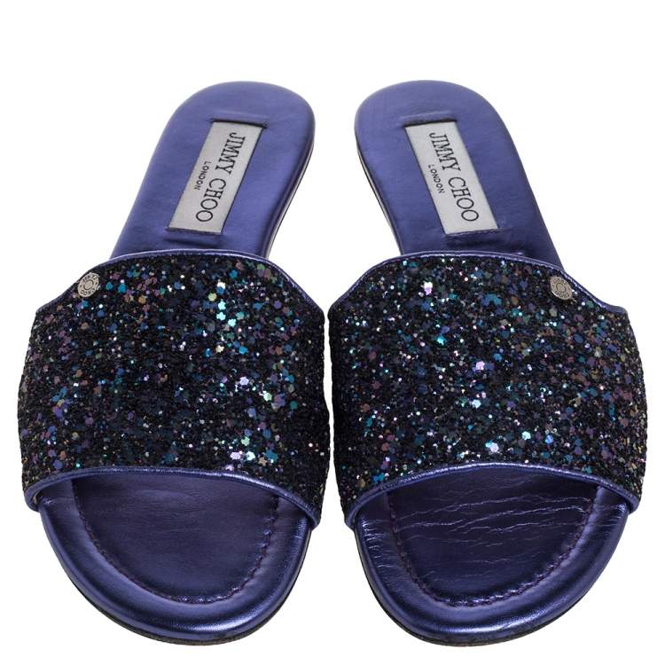 Pre Owned Jimmy Choo Metallic Purple Coarse Glitter Nanda Flat Slides Size 37