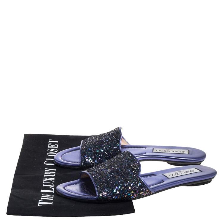 Pre Owned Jimmy Choo Metallic Purple Coarse Glitter Nanda Flat Slides Size 37