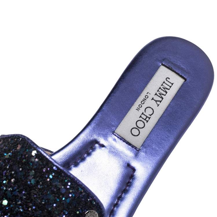 Pre Owned Jimmy Choo Metallic Purple Coarse Glitter Nanda Flat Slides Size 37